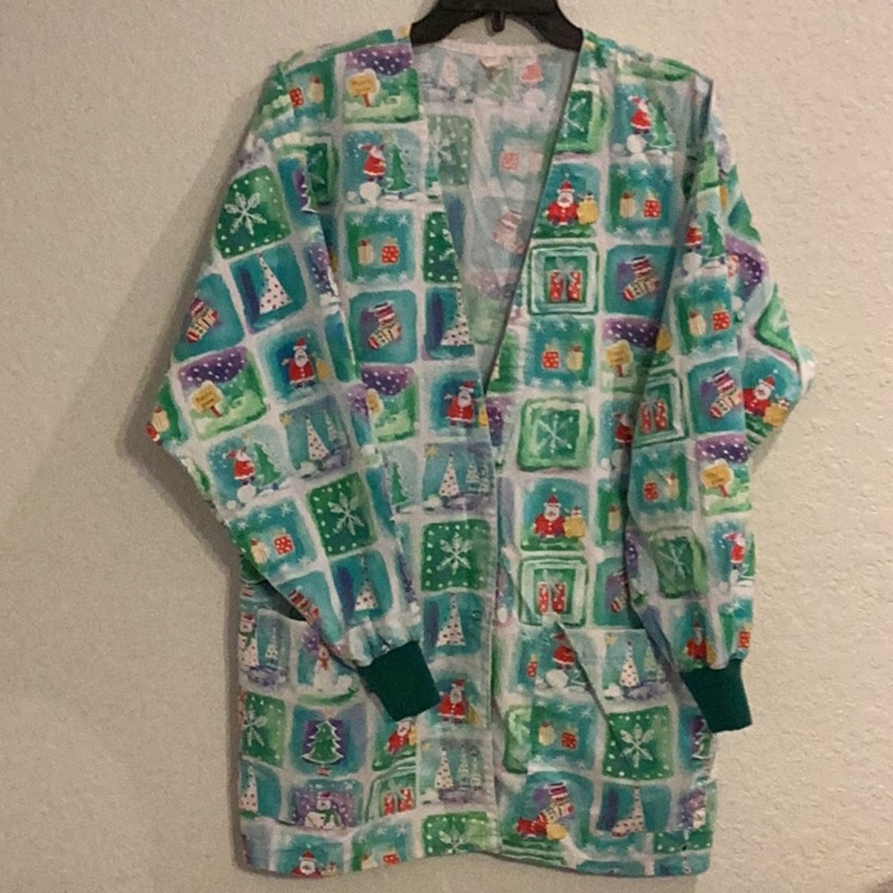 Christmas scrub jacket, green aqua, blue, and red